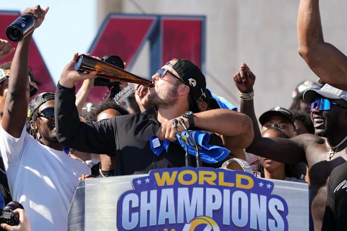 Feb 16, 2022; Los Angeles, CA, USA; Los Angeles Rams quarterback Matthew Stafford during the Super Bowl LVI championship rally at the Los Angeles Memorial Coliseum. Mandatory Credit: Kirby Lee-USA TODAY Sports